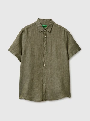 Benetton, Striped Shirt In Pure Linen, Size: XS, Dark Green, Men United Colors of Benetton