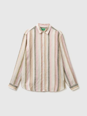 Benetton, Striped Shirt In Pure Linen, Size: XS, Olive Green, Men United Colors of Benetton