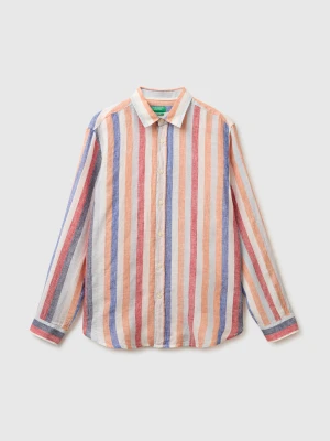 Benetton, Striped Shirt In Pure Linen, Size: XS, Orange, Men United Colors of Benetton