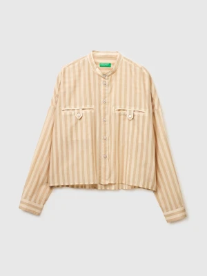 Benetton, Striped Shirt With Mandarin Collar, Size: XS, Beige, Women United Colors of Benetton