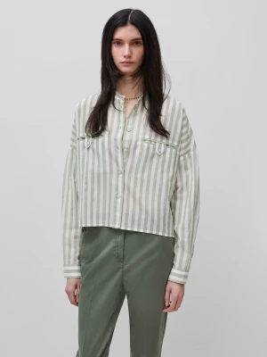 Benetton, Striped Shirt With Mandarin Collar, Size: XS, Olive Green, Women United Colors of Benetton
