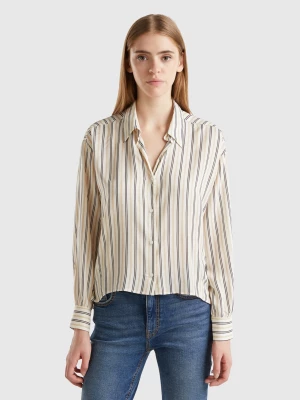 Benetton, Striped Shirt With V-neck, size L, Creamy White, Women United Colors of Benetton