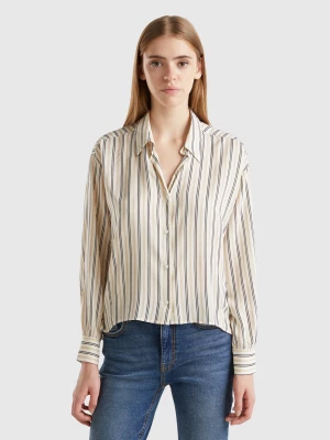 Benetton, Striped Shirt With V-neck, size XL, Creamy White, Women United Colors of Benetton