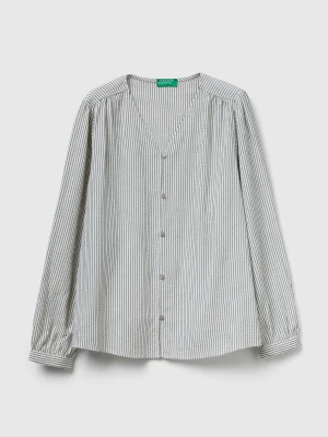 Benetton, Striped Shirt With V-neck, Size: XXS, Creamy White, Women United Colors of Benetton