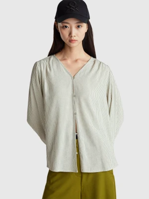 Benetton, Striped Shirt With V-neck, Size: XXS, Creamy White, Women United Colors of Benetton