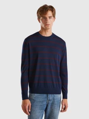 Benetton, Striped Sweater In Pure Merino Wool, size L, Dark Blue, Men United Colors of Benetton