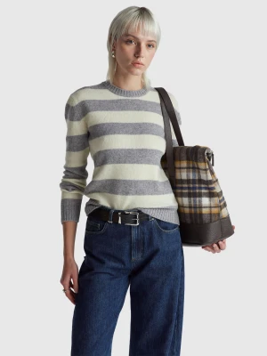 Benetton, Striped Sweater In Pure Shetland Wool, Size: XXS, Light Gray, Women United Colors of Benetton