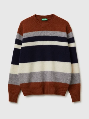 Benetton, Striped Sweater In Shetland Wool, Size: XS, Camel, Men United Colors of Benetton