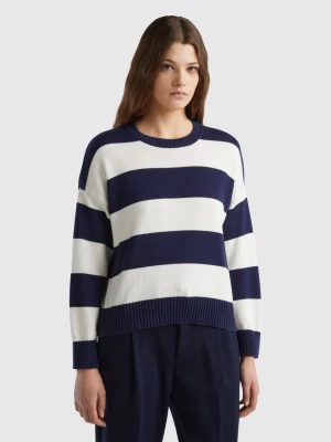 Benetton, Striped Sweater In Tricot Cotton, size L, Dark Blue, Women United Colors of Benetton