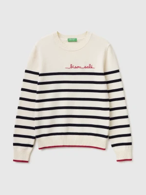 Benetton, Striped Sweater With Embroidered Writing, Size: XS, Creamy White, Women United Colors of Benetton
