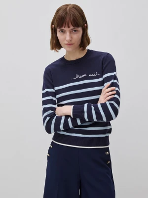 Benetton, Striped Sweater With Embroidered Writing, Size: XS, Dark Blue, Women United Colors of Benetton