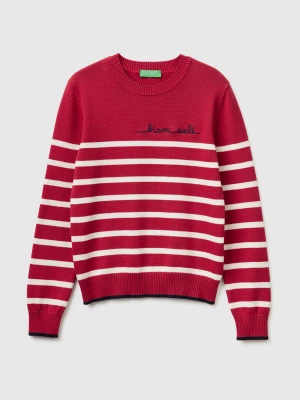 Benetton, Striped Sweater With Embroidered Writing, Size: XS, Strawberry, Women United Colors of Benetton