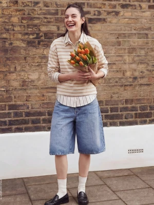 Benetton, Striped Sweatshirt Polo Shirt, Size: XXS, Beige, Women United Colors of Benetton