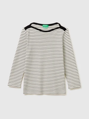 Benetton, Striped T-shirt With Boat Neck, Size: XS, Creamy White, Women United Colors of Benetton