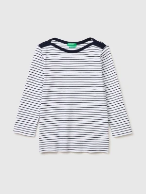 Benetton, Striped T-shirt With Boat Neck, Size: XS, White, Women United Colors of Benetton