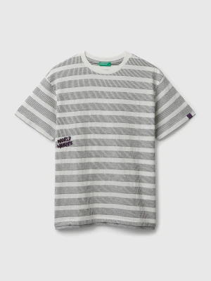 Benetton, Striped T-shirt With Embroidery, Size: XL, Light Gray, Kids United Colors of Benetton