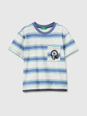 Benetton, Striped T-shirt With Patch, Size: 116, Light Blue, Kids United Colors of Benetton