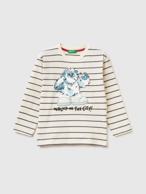 Benetton, Striped T-shirt With Print, Size: 116, Creamy White, Kids United Colors of Benetton