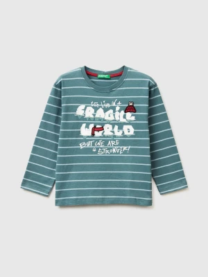 Benetton, Striped T-shirt With Print, Size: 116, Light Blue, Kids United Colors of Benetton