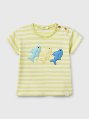 Benetton, Striped T-shirt With Shark Patches, size 82, Yellow, Kids United Colors of Benetton