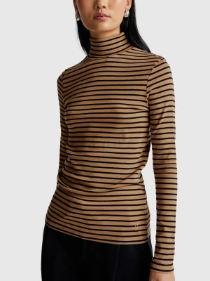 Benetton, Striped Turtleneck T-shirt, Size: L, Beige, Women United Colors of Benetton
