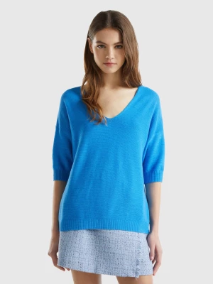 Benetton, Sweater In Linen And Cotton Blend, size L, Blue, Women United Colors of Benetton
