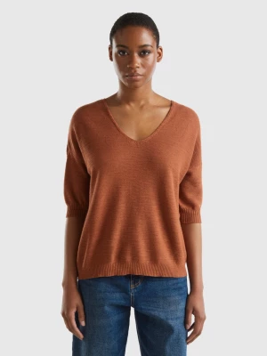Benetton, Sweater In Linen And Cotton Blend, size L, Brown, Women United Colors of Benetton