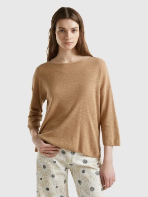 Benetton, Sweater In Linen Blend With 3/4 Sleeves, size L, Beige, Women United Colors of Benetton