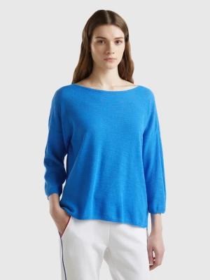 Benetton, Sweater In Linen Blend With 3/4 Sleeves, size L, Blue, Women United Colors of Benetton