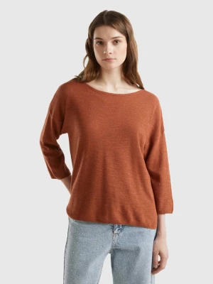 Benetton, Sweater In Linen Blend With 3/4 Sleeves, size L, Brown, Women United Colors of Benetton