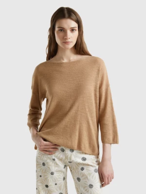 Benetton, Sweater In Linen Blend With 3/4 Sleeves, size M, Beige, Women United Colors of Benetton