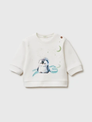 Benetton, Hoodie With Print In Cotton Blend, Size: 82, Creamy White, Kids United Colors of Benetton