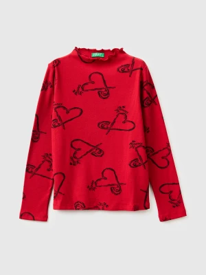 Benetton, Burgundy Turtleneck T-shirt With Heart Print, Size: XL, Red, Kids United Colors of Benetton