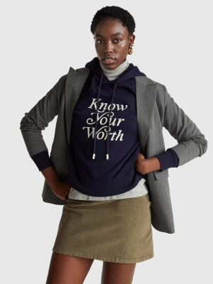 Benetton, Hoodie With Slogan, Size: XS, Dark Blue, Women United Colors of Benetton