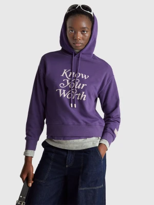 Benetton, Hoodie With Slogan, Size: XS, Violet, Women United Colors of Benetton