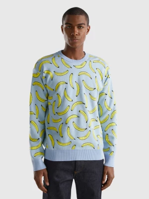 Benetton, Sweater With Banana Pattern, size L, Sky Blue, Men United Colors of Benetton
