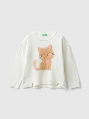 Benetton, Sweater With Cat Inlay, size 104, Creamy White, Kids United Colors of Benetton