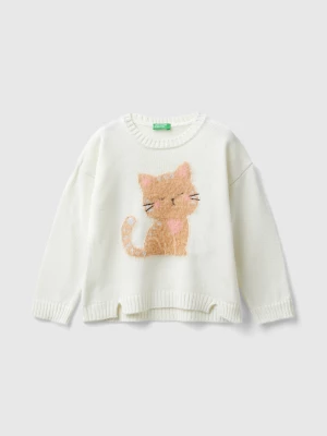 Benetton, Sweater With Cat Inlay, size 110, Creamy White, Kids United Colors of Benetton