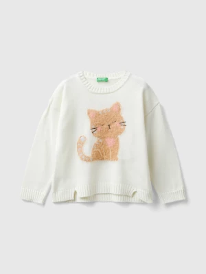 Benetton, Sweater With Cat Inlay, size 116, Creamy White, Kids United Colors of Benetton