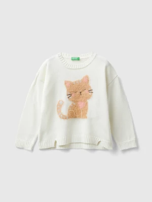 Benetton, Sweater With Cat Inlay, size 82, Creamy White, Kids United Colors of Benetton