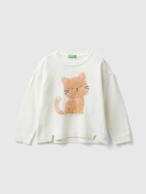 Benetton, Sweater With Cat Inlay, size 82, Creamy White, Kids United Colors of Benetton