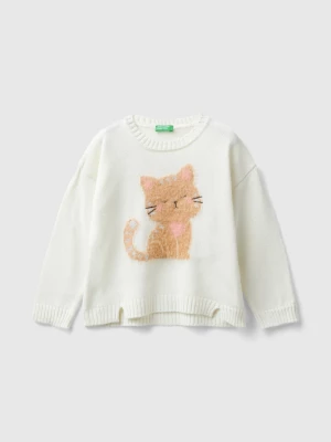 Benetton, Sweater With Cat Inlay, size 98, Creamy White, Kids United Colors of Benetton