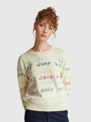 Benetton, Sweater With Coco Capitán Embroidery, Size: XS, Creamy White, Women United Colors of Benetton