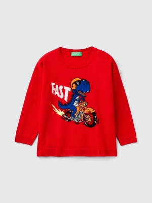 Benetton, Sweater With Dinosaur Inlay, size 110, Red, Kids United Colors of Benetton