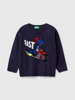 Benetton, Sweater With Dinosaur Inlay, size 98, Dark Blue, Kids United Colors of Benetton