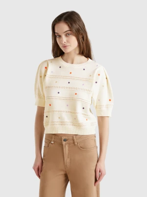 Benetton, Sweater With Embroidered Flowers, size XS, Creamy White, Women United Colors of Benetton