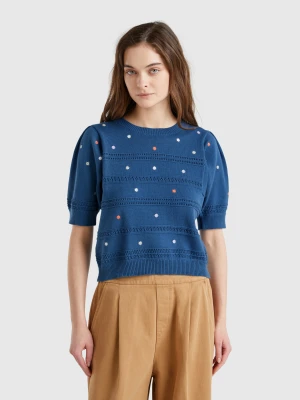 Benetton, Sweater With Embroidered Flowers, size XXS, Air Force Blue, Women United Colors of Benetton