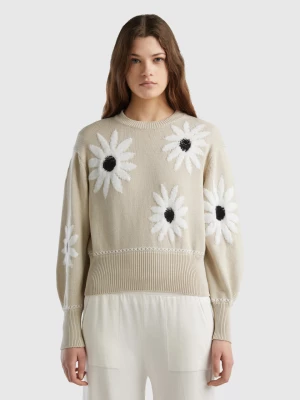 Benetton, Sweater With Floral Inlay, size XS, Beige, Women United Colors of Benetton