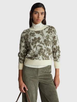 Benetton, Sweater With Floral Pattern, Size: XXS, Creamy White, Women United Colors of Benetton