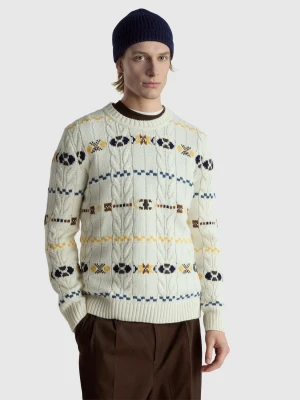 Benetton, Sweater With Geometric Jacquard Pattern, Size: XS, Creamy White, Men United Colors of Benetton
